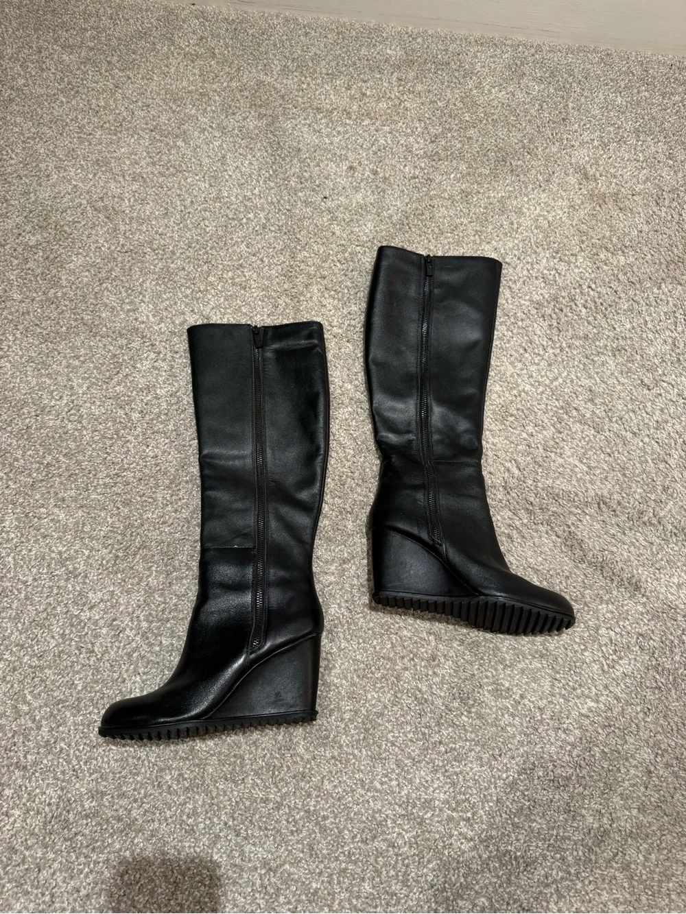 Black Leather Knee High Wedge Boots for Women